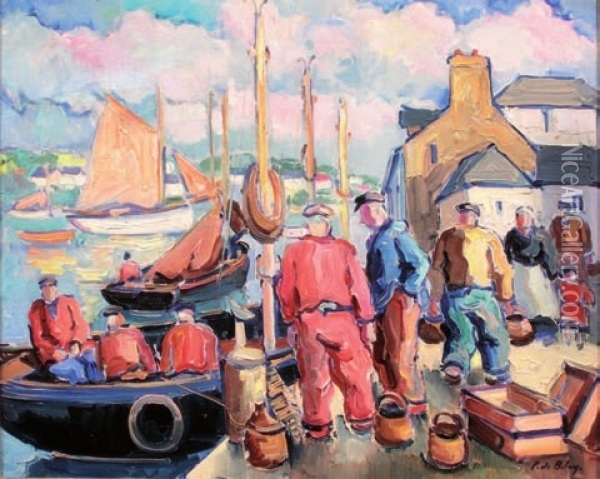 Pecheurs Sur Le Port De Douarnenez Oil Painting - Pierre De Belay