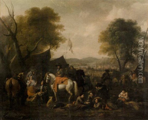 Soldiers And Horsemen Resting In A Military Encampment Oil Painting - Jan van Huchtenburg