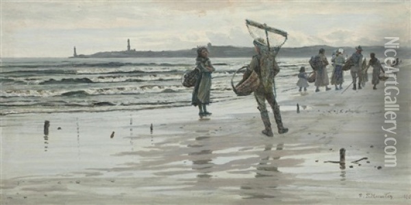 Fisherfolk Returning, Aberdeen Oil Painting - George Sherwood Hunter