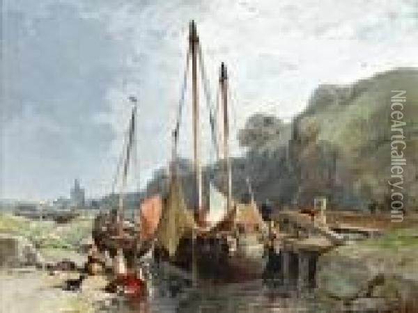 Lavandieres Et Bateaux De Peche Ennormandie Oil Painting - Jules Achille-Noel