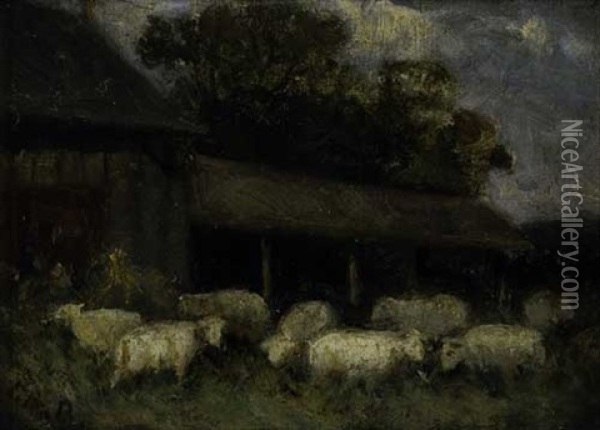 Untitled - Sheep And Farm Buildings Oil Painting - Edward Bannister