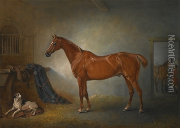 Lord Henry Bentinck's Chestnut Hunter Firebird And Policy, A Foxhound, In A Loose Box Oil Painting - John E. Ferneley