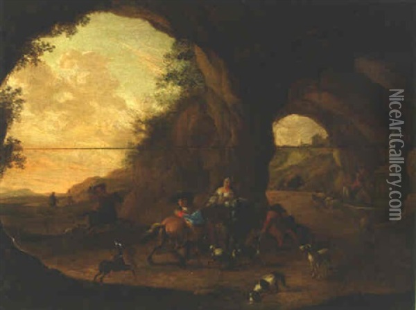 A Hunting Party At Rest On A Road In A Grotto Oil Painting - Dirk Maes