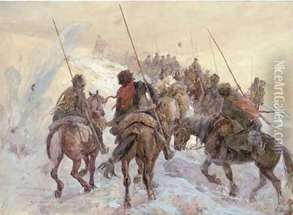 The Russian Front, a Cossack convoy under fire Oil Painting - Henry Charles Seppings Wright