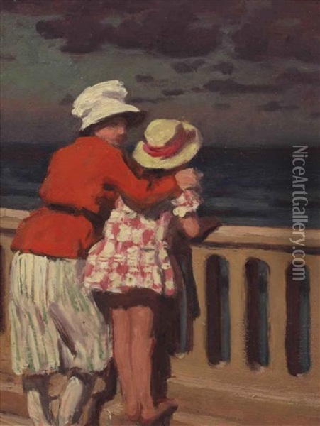 Woman And Child At The Seaside; Figures On A Beach (2 Works) Oil Painting - Rene Francois Xavier Prinet