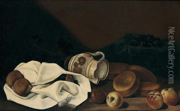 Still Life With A Pitcher, Top, Apples, Figs And Bread Oil Painting - Francesco Della Questa