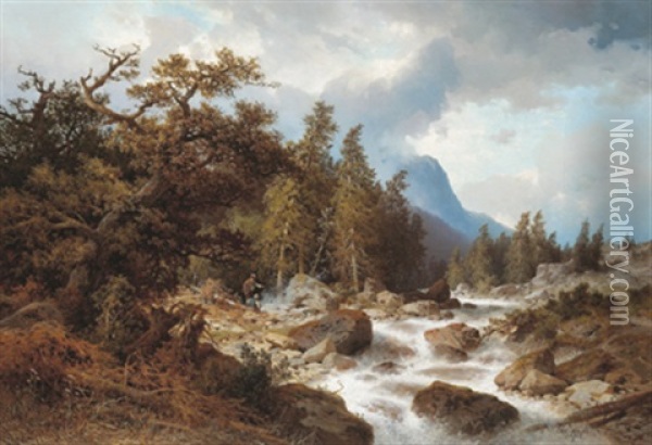 Gebirgslandschaft Mit Wildbach Oil Painting - Carl Hasch