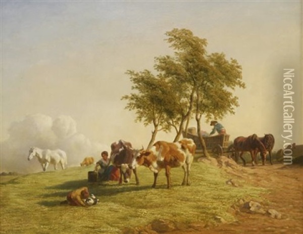 A Pastoral Scene With A Milkmaid And Cattle, A Boy Playing With A Puppy And A Horse-drawn Cart Beyond Oil Painting - Henry Brittan Willis