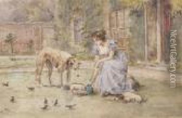 A Lady With Her Dogs On A Lawn Oil Painting - George Goodwin Kilburne