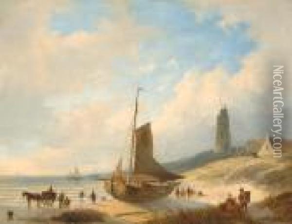 Barge On The Beach At Low Tide Oil Painting - Andreas Schelfhout