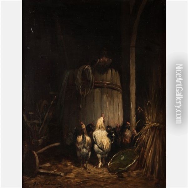 Barn Interior Scene With Chickens Oil Painting - Theodore Frederic de Salmon