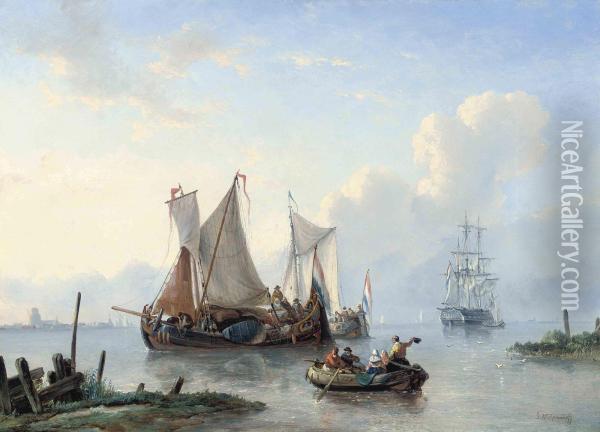 Dutch Vessels At The Mouth Of A River Oil Painting - George Willem Opdenhoff