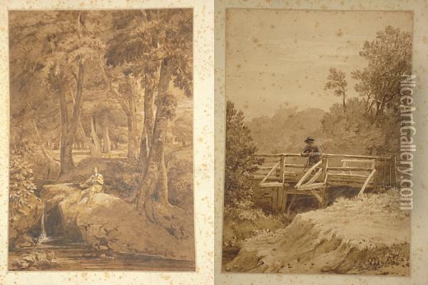 Traveller Resting On A Footbridge, Togetherwith Another Of A Gentleman Resting On A Wooded River Bank, Apair Oil Painting - John James Chalo