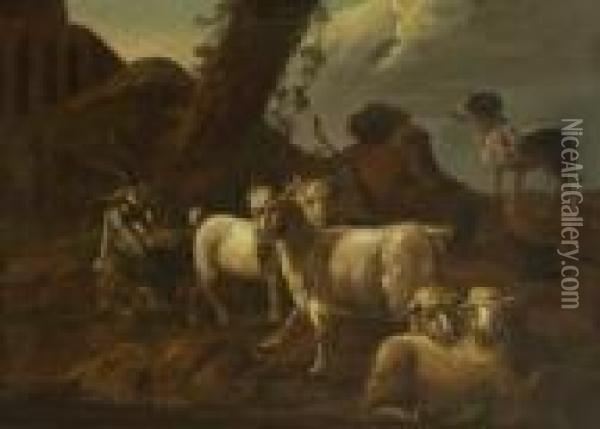 Ruhender Hirte Mit Ziegen, Schafen
 Und Seinem Hund In Ruinenlandschaft. Oil Painting - Philipp Peter Roos