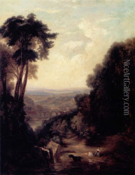 Romantisk Landskab Med Kvinder, Der Krydser En Flod Oil Painting - William Westall