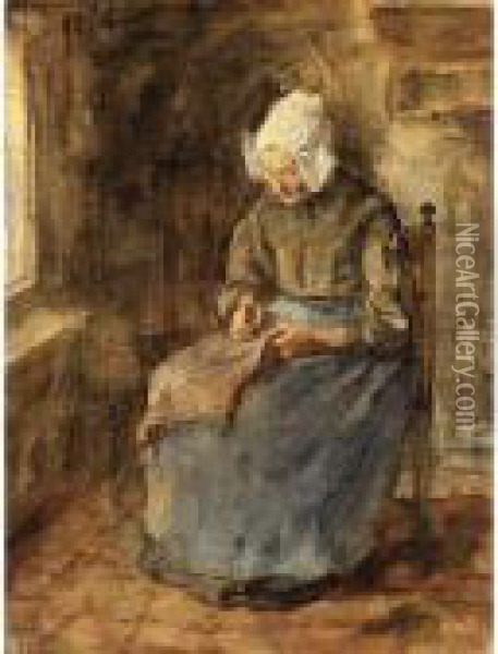 A Woman Sewing Oil Painting - Jacob Simon Hendrik Kever