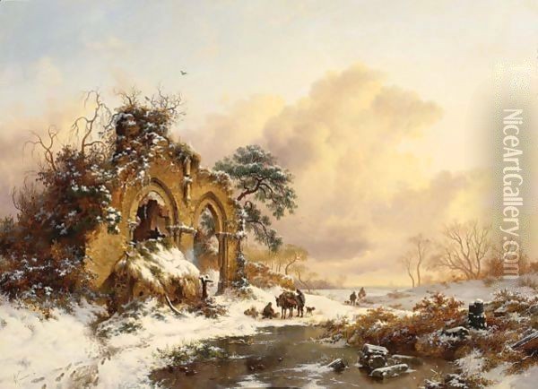 A Snowy Landscape With Figures By A Gothic Ruin Oil Painting - Frederik Marianus Kruseman