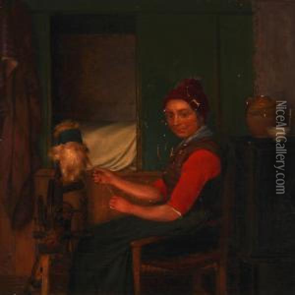 Interior With A Woman At A Spinning Wheel Oil Painting - Christian Thorrestrup