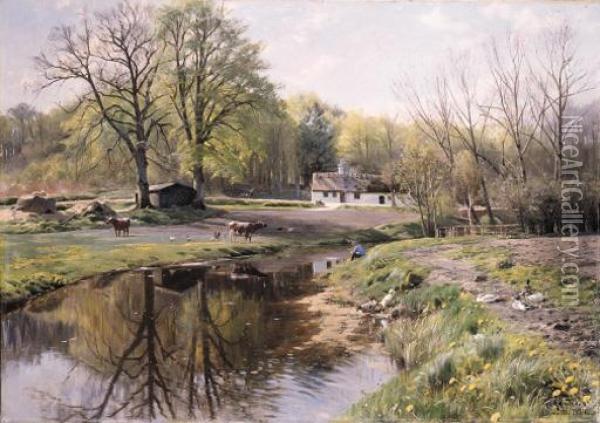 A Quiet Moment, Bromolle Oil Painting - Peder Mork Monsted