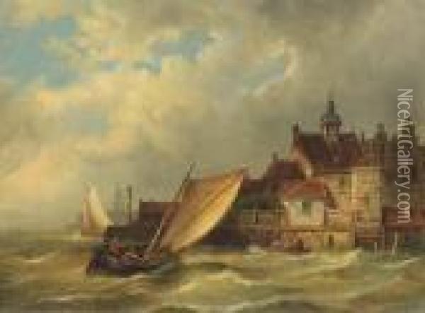 A Sailing Boat Entering A Dutch Harbour Oil Painting - Pieter Cornelis Dommershuijzen