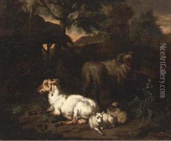 Sheep Resting In A Wooded Landscape And A Shepherdess With Her Dog In Front Of A Cottage Oil Painting - Dirk van Bergen