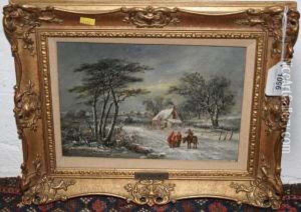 Figureand A Donkey In Snow Covered Lane With Cottages Beyond Oil Painting - Robert Burrows