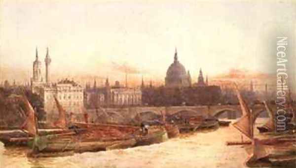 Barges Below London Bridge Oil Painting - Frederick E.J. Goff