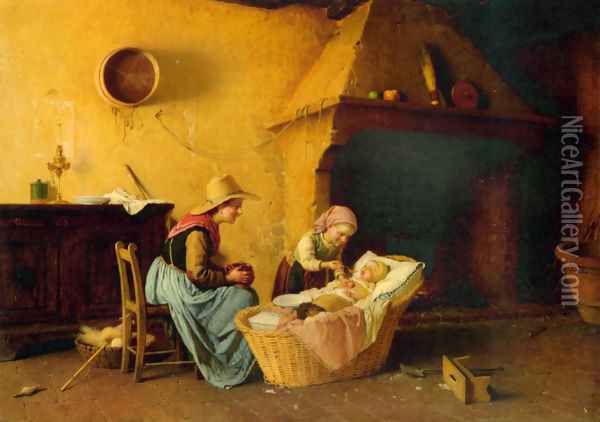 Feeding the Baby Oil Painting - Gaetano Chierici