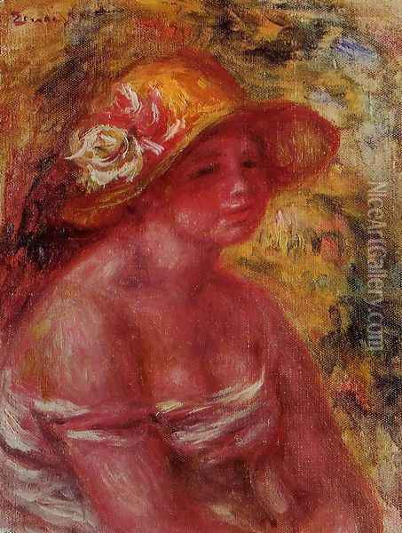 Bust Of A Young Girl Wearing A Straw Hat Oil Painting - Pierre Auguste Renoir