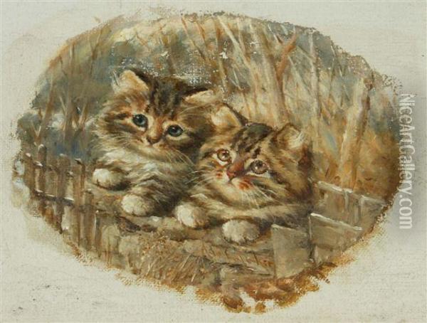 Two Tabby Kittens Overlooking A Fence Oil Painting - Agnes Augusta Talboys