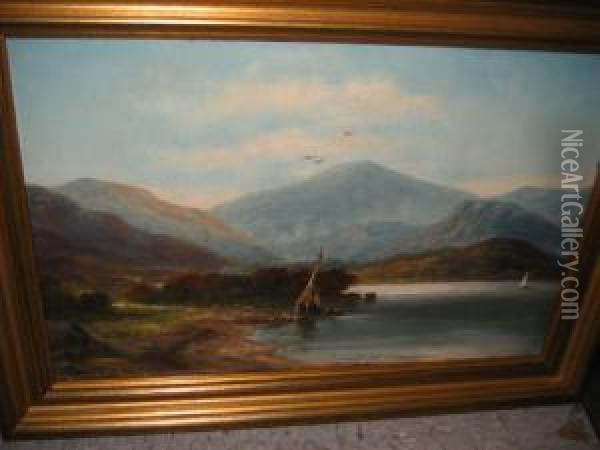 Mountain Lake With Sailing Boats Oil Painting - A. Whittle
