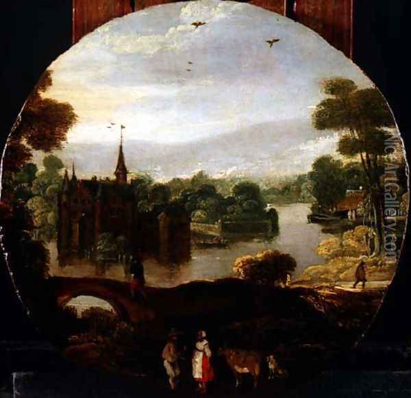 A wooded river landscape with a castle and travellers conversing Oil Painting - Tobias van Haecht (see Verhaecht)