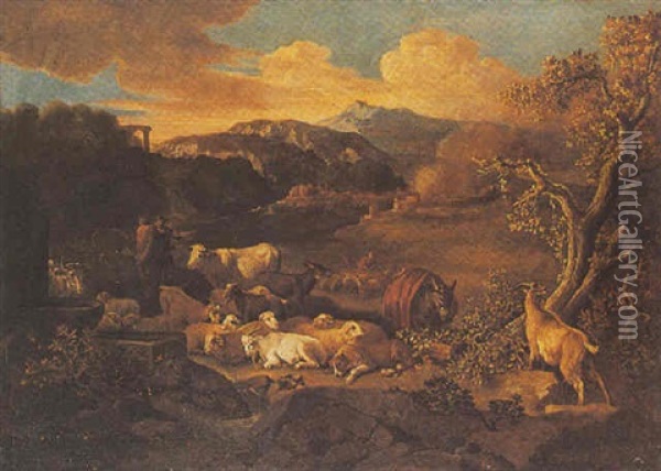 Shepherds With Their Herd Near A Fountain In An Italianate Landscape Oil Painting - Govaert (Gabriel van der) Leeuw