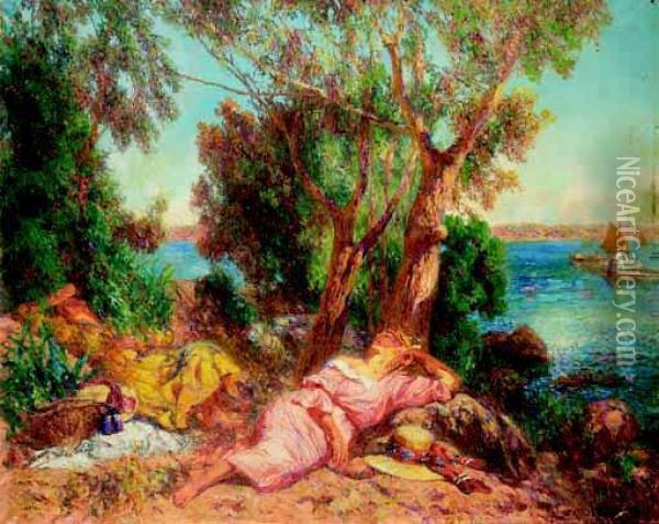 Femmes Alanguies Dans Un Paysage Mediterraneen Oil Painting - Laurent Gsell