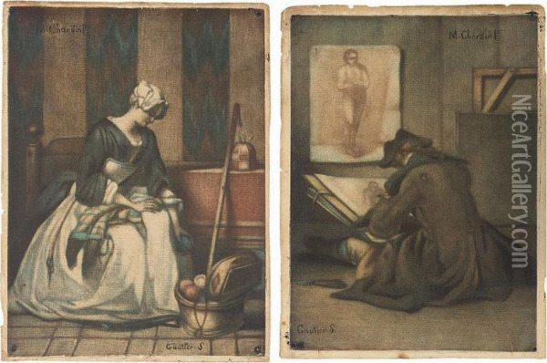 A Young Student Drawing; And The Tapestry Worker (bocher 15a; And 41) Oil Painting - Jean-Baptiste Andre Gautier Dagoty