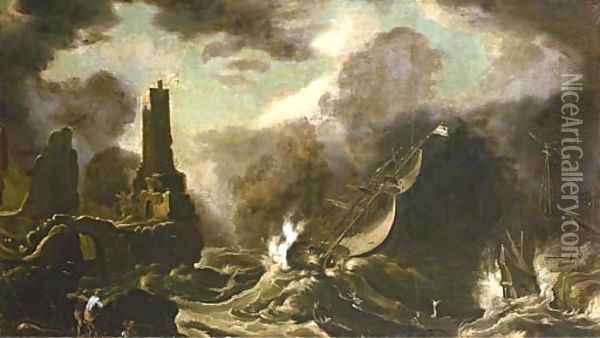 A stormy seascape with Jonah and the Whale Oil Painting - Agostino Tassi