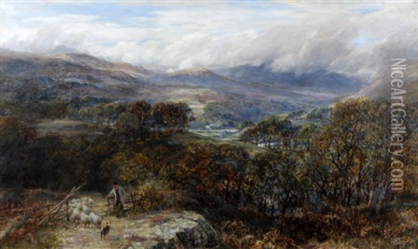 Extensive Upland Landscape With Shepherd, Flock And Sheepdog Oil Painting - Charles Thomas Burt