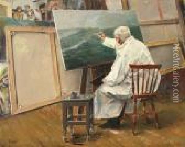Selvportrett, Maler Pa Et Marinebilde Med En Rekke Av Sine Andre Malerier I Bakgrunnen Oil Painting - Christian Krohg