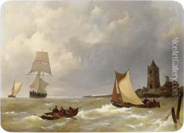 Sailing Vessels Off The Shore Oil Painting - Johannes Christian Schotel