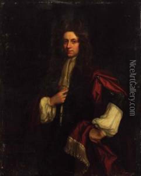 Portrait Of A Gentleman, Three-quarter-length, In A Green Coat Withred Mantle, Standing By A Plinth Oil Painting - Isaac Whood