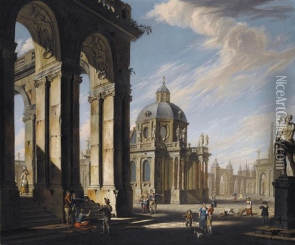 An Architectural Capriccio With Figures Conversing In A Piazza Oil Painting - Jacopo Fabris