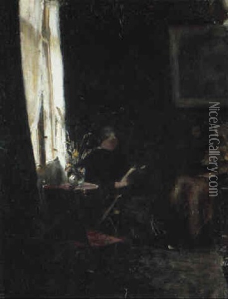 Interior Med Ung Laesende Pige Ved Vinduet Oil Painting - Marie Kriyer