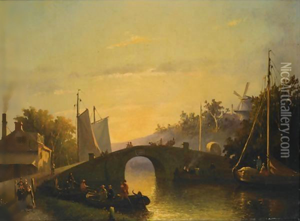 Figures Near A Bridge In A Dutch Town Oil Painting - Joseph Bles