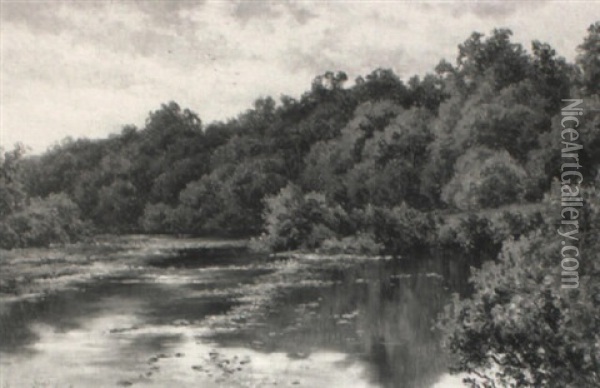 A Tranquil River Landscape Oil Painting - Henry H. Parker