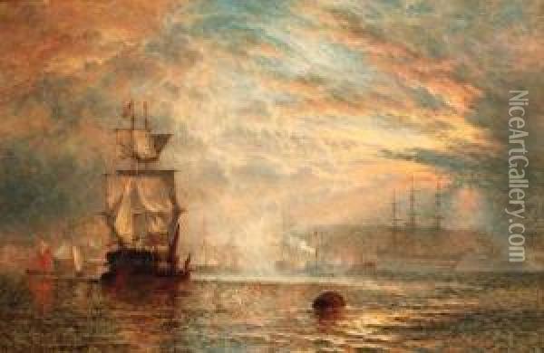 Sailing Out Past The Guardship On The Evening Tide Oil Painting - Henry Thomas Dawson