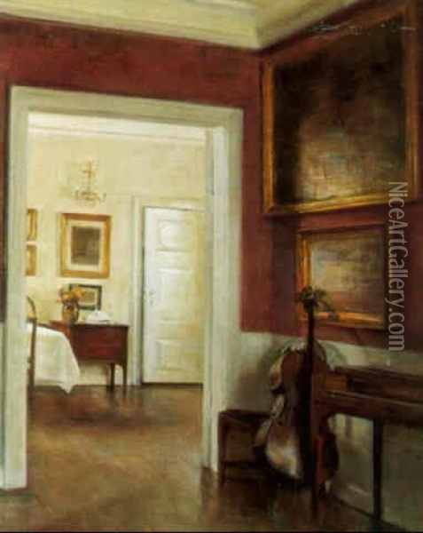 Interior Fra En Stue Med Cello Op Ad Vaeggen Oil Painting - Carl Vilhelm Holsoe