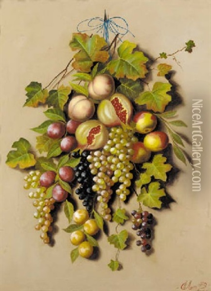 Grapes On The Vine, Plums, Peaches And Pomegranates Hanging Oil Painting - Michelangelo Meucci