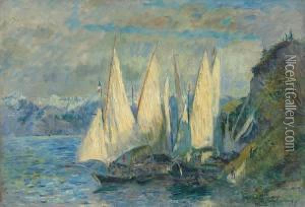 Barques Aux Grandes Voiles Sur Le Lac Leman A Meillerie En Haute-savoie Oil Painting - Albert Lebourg
