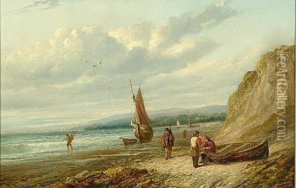 Fisherfolk And Vessels Ashore Oil Painting - Robert Bridgehouse