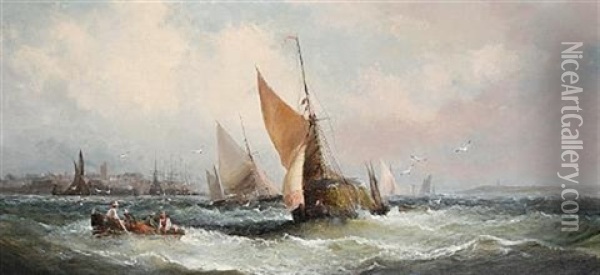 Fishing Boats On A Breezy Day Off A Coastal Town Oil Painting - Charles Thornley